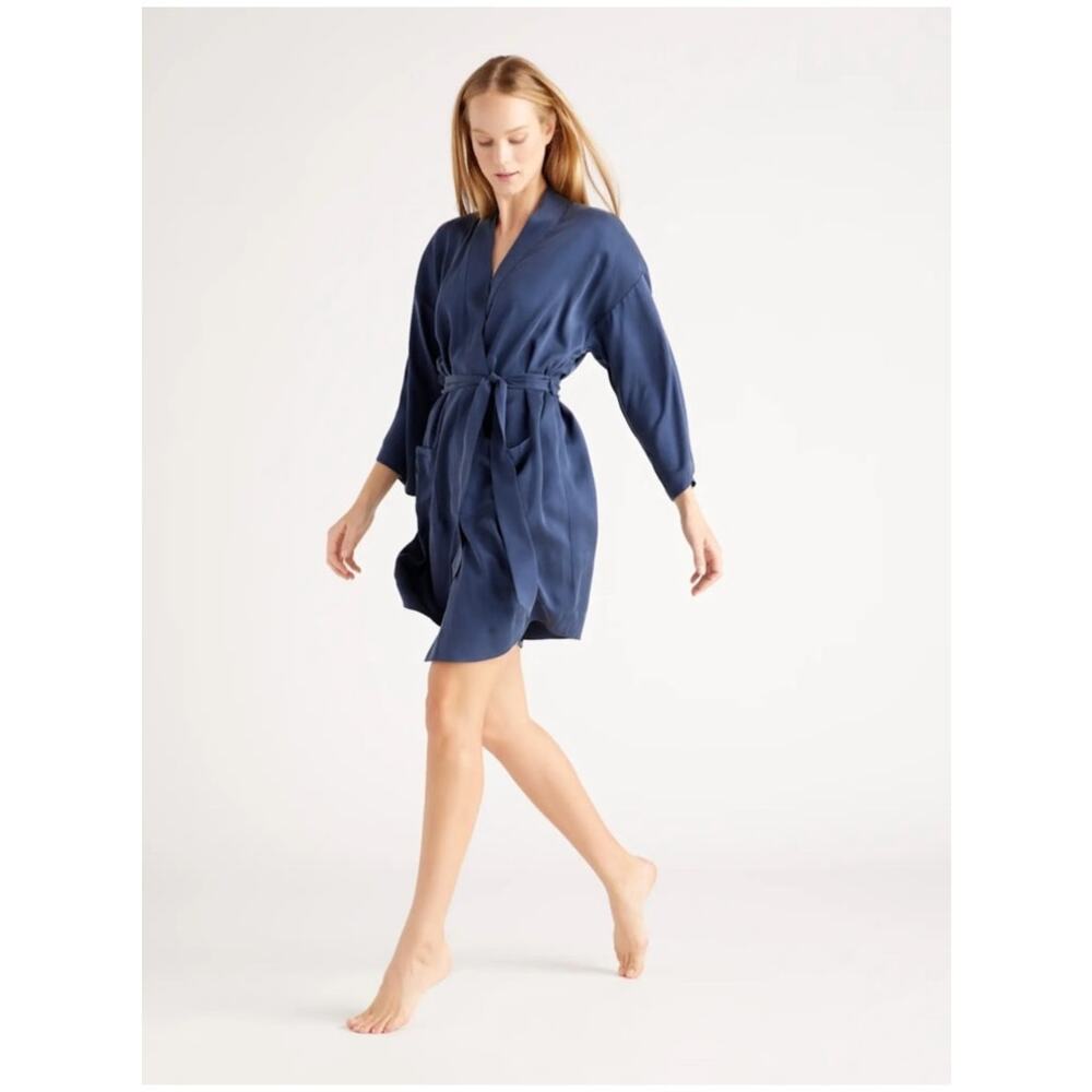 NWT Quince 100% Washable Silk Robe M Indigo Blue Kimono Belted Luxury Lounge - Picture 5 of 11